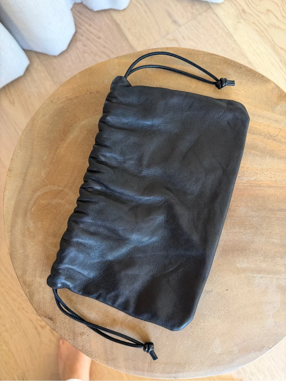 Porto Black Leather Drawstring Clutch